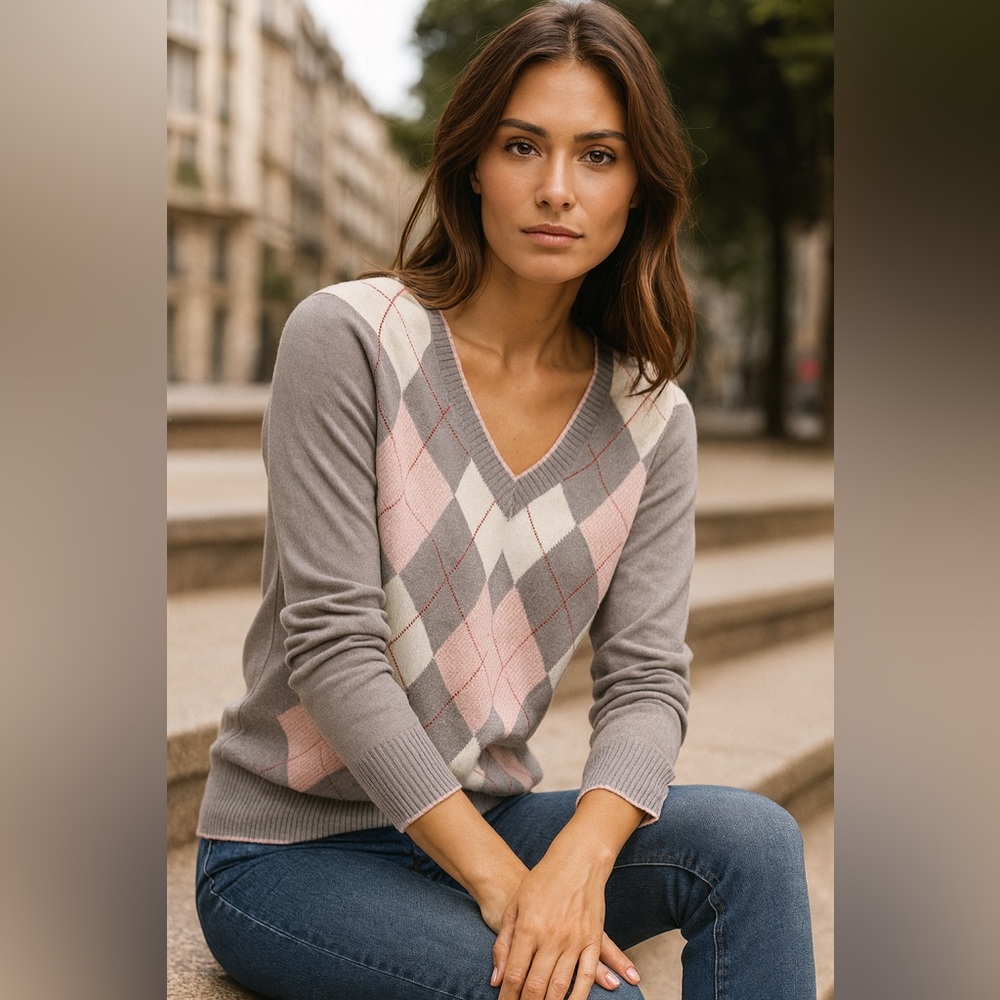 NWT Esprit Argyle V-Neck Cotton Sweater Modern Preppy Pink Grey Knit Pullover L